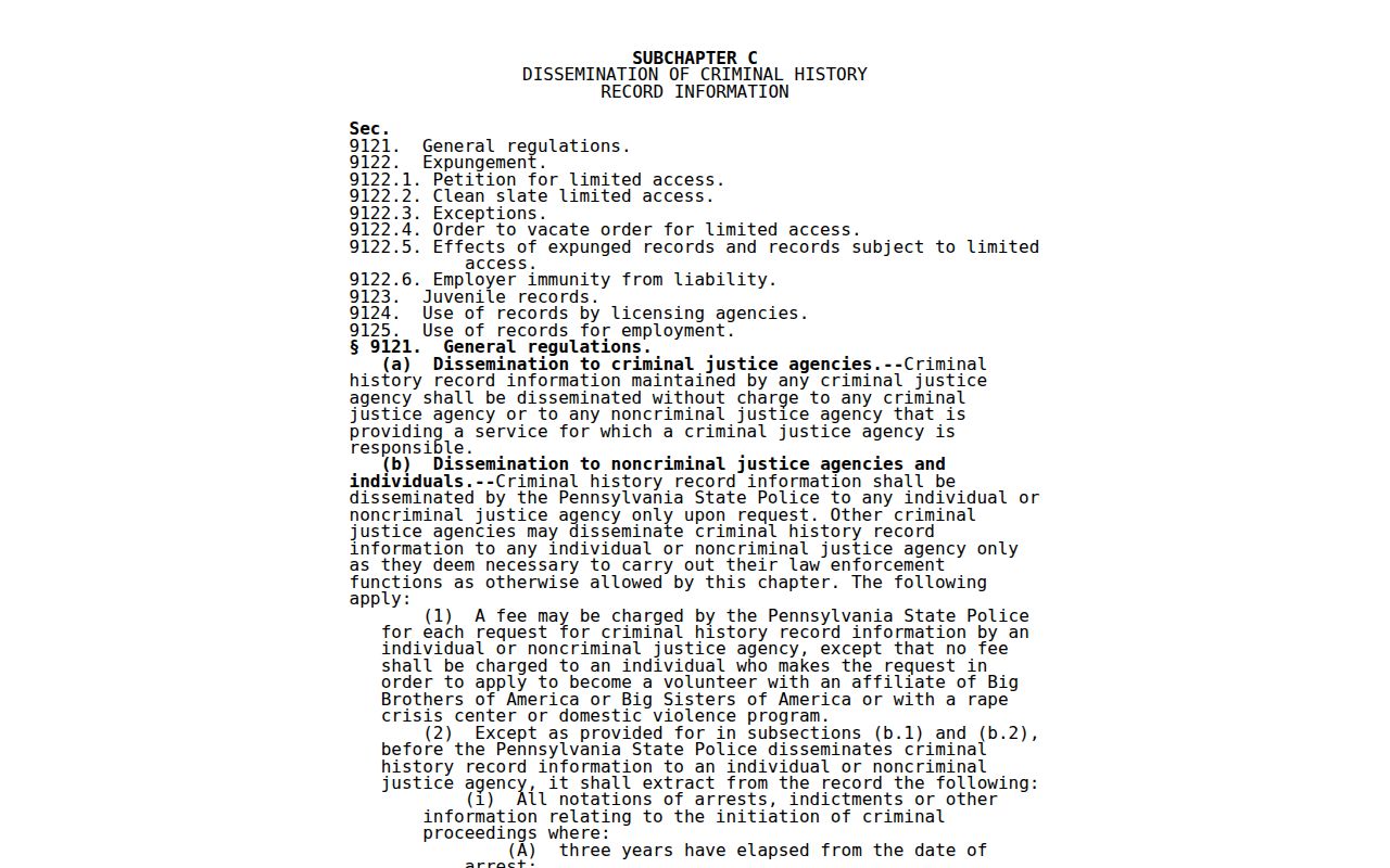 Pennsylvania dissemination law for Valley-Hi criminal history records